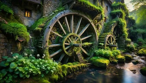 water wheel,water mill,old mill,dutch mill,potter's wheel,mill,fantasy picture,old wooden wheel,wooden wheel,flour mill,ireland,hobbiton,green waterfall,ships wheel,fairy tale,iron wheels,a fairy tale,3d fantasy,fairytale,fairy village,Photography,General,Fantasy