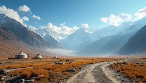 High-altitude plateau, vast open space, majestic mountain range background, clear blue sky with few white clouds, strong sunlight, harsh climate, extreme temperature fluctuations, wind-swept trees, sc