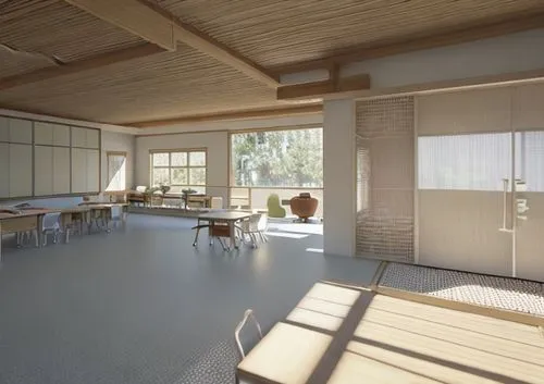 school classroom, with neutral colours, children's art on the walls,school design,japanese-style room,daylighting,3d rendering,core renovation,modern kitchen interior,kitchen interior,ryokan,modern ro