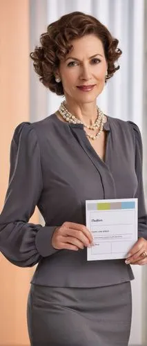 A mature lady, 35yo, standing, holding a description card, white background, studio lighting, soft focus, elegant makeup, curly brown hair, pearl necklace, business attire, blouse, pencil skirt, high 