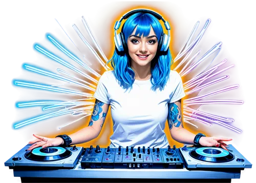 Upbeat DJ, young adult, futuristic headset, blue hair, neon lights, sparkles, electronic dance music notes, mixing console, turntables, colorful wires, metallic background, low-angle shot, vibrant col