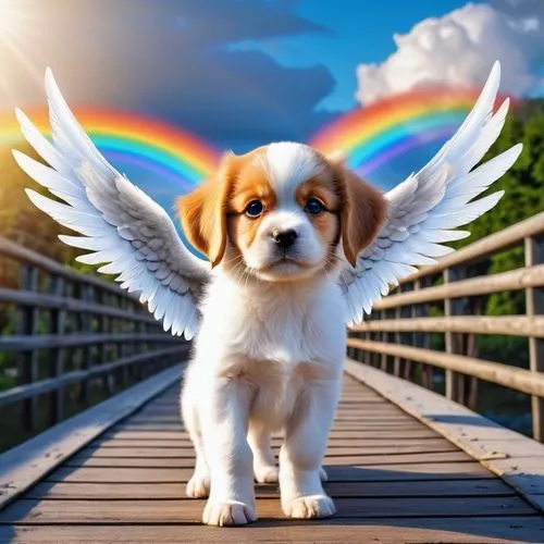 Ein süßes Hündchen (kann hier Hund einfügen), der Hund hat Engelsflügel, steht auf einer Brücke mit einem Regenbogen am Ende und macht sich bereit, zum Regenbogen in den Himmel zu gehen,dog angel,rain