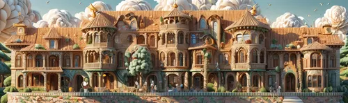 gaudí,fairy tale castle,whipped cream castle,art nouveau,water castle,fantasy city,art nouveau design,3d fantasy,castle of the corvin,mandelbulb,kirrarchitecture,medieval architecture,render,gold castle,city palace,europe palace,palace,castelul peles,stone palace,knight village