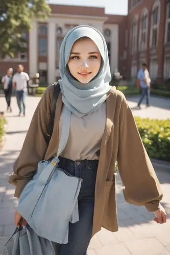 a woman wearing hijab, simple and elegant, smiling face, walking around,hijab,hijaber,islamic girl,muslim woman,muslim background,girl in a historic way,jilbab,muslima,headscarf,i̇mam bayıldı,women cl