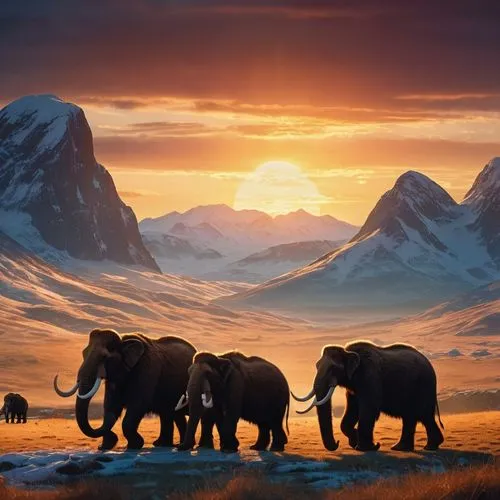 Prehistoric landscape, woolly mammoths roaming vast grasslands, with freezed mountains,in background, silhouette against setting sun, early humans gathered around a flickering fire, hand-painted cave 