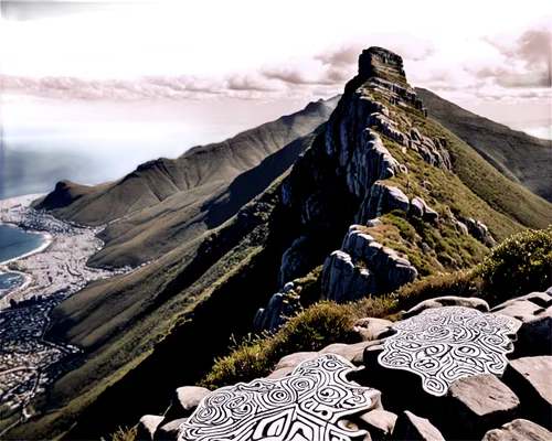 Table Mountain, Cape Town, South Africa, sunny day, blue sky, fluffy white clouds, rugged mountain terrain, rocky outcrops, green vegetation, scenic landscape, panoramic view, dramatic lighting, warm 