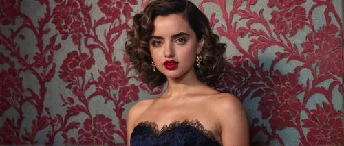 Ana de Armas, unflattering dress, 1940s Hollywood actress, sultry eyes, bold eyebrows, curly raven hair, crimson lipstick, pale complexion, delicate shoulders, thin waist, full skirt, floral pattern, 