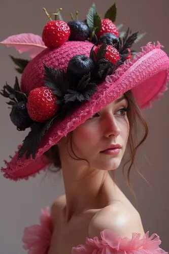 product photograph of a crazy looking pink and black hat, made of jello and fruit, being worn by a gorgeous model, angelcore, in the style of Glamorous Los Angeles, ethereal, photorealistic, organic, 