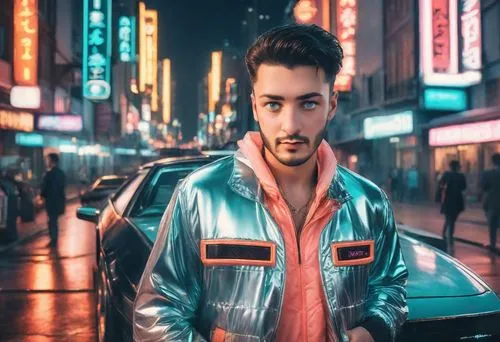 a man, man leaning against the DeLorean, iconic jacket, neon-lit 1980s cityscape, vibrant colors, analog film grain, 4k, Stylish man, cool confidence, retro-futuristic city, classic sports car, gull-w