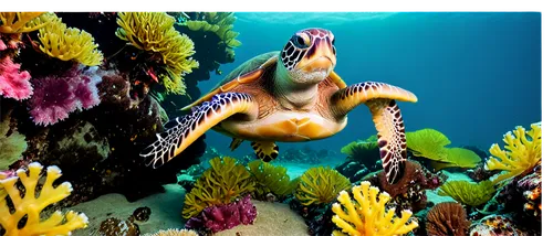 Colorful sea turtles, underwater scene, tropical ocean, shiny shells, bright green seaweed, orange fins, yellow belly, friendly facial expression, playful swimming pose, soft coral background, warm su