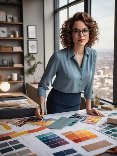 Mid-century modern interior designer, female, 30s, curly brown hair, glasses, elegant makeup, professional attire, standing, posing with a floor plan, holding a pencil, surrounded by design materials,