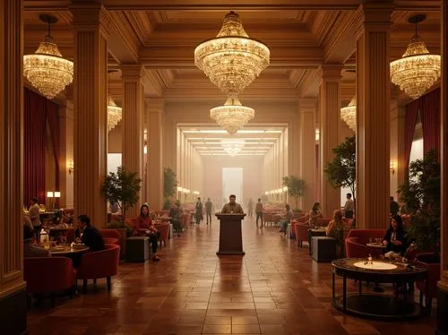 Elegant neoclassical nightclub, grand chandeliers, crystal droplets, warm golden lighting, soft focused beams, atmospheric fog, subtle color grading, majestic columns, ornate moldings, luxurious velve