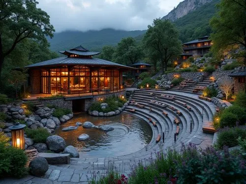 Tiered seating, natural stone amphitheater, lush greenery surroundings, water feature integration, stepped landscape design, curved walkways, wooden benches, rustic metal railings, dramatic night ligh