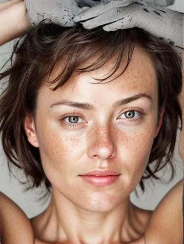 Face, neck and shoulders of an average woman from Germany,a woman wearing gloves and holding a towel over her head,evigan,blepharoplasty,girl on a white background,isinbaeva,hyperpigmentation,hingis