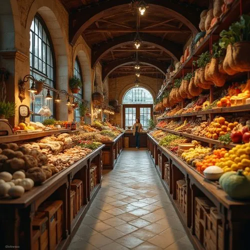 Romanesque grocery store interior, polyethylene material shelves, transparent plastic storage bins, wooden crates, baskets woven from natural fibers, warm soft lighting, rustic stone walls, arched win