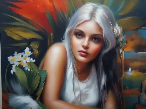 oil painting on canvas,oil painting,art painting,italian painter,young woman,mystical portrait of a girl,girl portrait,girl in flowers,girl sitting,oil on canvas,girl in a long,romantic portrait,blond