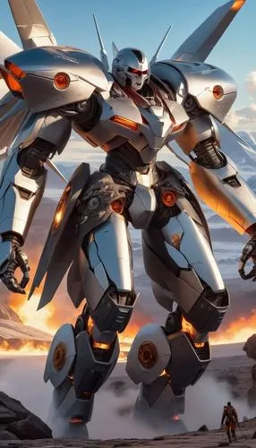 a sci - fi fifi robot is in the foreground with a giant white and silver plane on his side,ibo,gundam,jetfire,lagann,ramjet,patlabor,Photography,General,Realistic