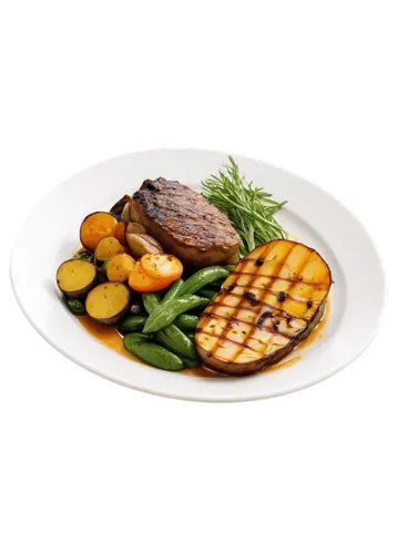 Entree dish, gourmet food, fine dining, golden brown meat, roasted vegetables, steaming hot, garnished with herbs, white plate, elegant table setting, soft lighting, shallow depth of field, warm color