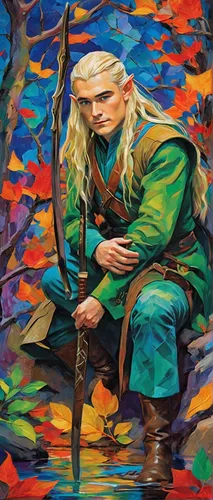 version john the fisherman,the blonde in the river,jrr tolkien,oil painting on canvas,khokhloma painting,oil on canvas,oil painting,male elf,bow and arrows,robin hood,fisherman,fisher,elven,the flute,hobbit,bodhrán,pike,leonardo,gandalf,glass painting,Conceptual Art,Oil color,Oil Color 25