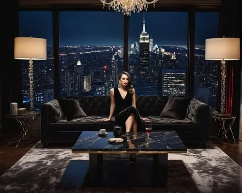 chairwoman,livingroom,kimmelman,minotti,living room,caprica,cattrall,diamanda,apartment lounge,janeane,deschanel,woodsen,penthouses,gal,henstridge,fairuza,tv set,manhattan,chandelier,vause,Illustration,Black and White,Black and White 14