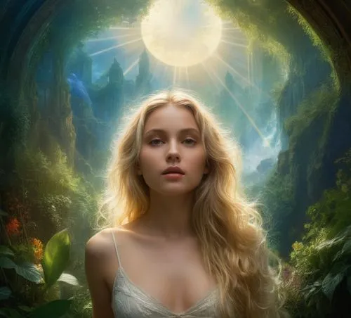 beautiful blonde girl,a woman with her long blonde hair looking out a tunnel,galadriel,fantasy portrait,mystical portrait of a girl,fantasy picture,faerie,lorien,Conceptual Art,Fantasy,Fantasy 05