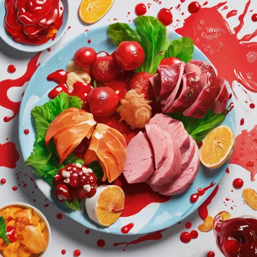 Compose an artistic food picture with a minimalist presentation,food collage,cranberry sauce,food coloring,watermelon painting,food styling,antipasti,jello salad,culinary art,meat carving,pomegranate,