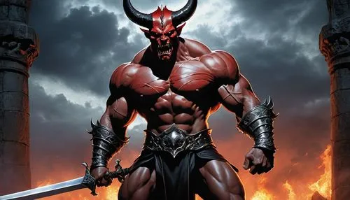 Strong-built demon king, muscular man, red skin, sharp horns, menacing gaze, black eyebrows, sharp teeth, intimidating roar, black armor, silver trimming, giant sword, powerful stance, dramatic lighti