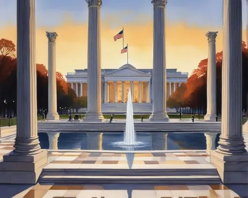 Washington DC, neoclassical architecture, grandiose columns, intricate stone carvings, marble floors, high ceilings, monumental staircases, ornate balconies, American flags, national mall, sunset, war