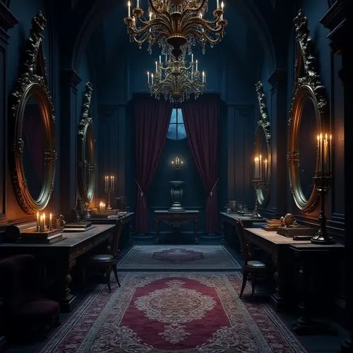 Dark mysterious ambiance, gothic interior, navy blue dominant walls, ornate gold frame mirrors, grandiose chandeliers, velvet drapes, luxurious thick carpets, baroque furniture, mysterious candles, ol