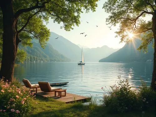 Seren lakefront scene, peaceful atmosphere, late afternoon sunlight, gentle ripples on calm water, lush greenery surrounding the lake, tall trees with overhanging branches, vibrant wildflowers bloomin