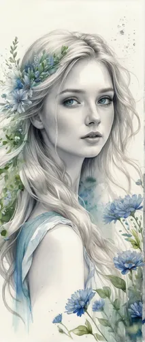 white rose snow queen,elven flower,faerie,faery,mayweed,girl in flowers,blue rose,blue enchantress,dryad,water rose,watercolor women accessory,fantasy portrait,jessamine,flora,virgo,silvery blue,holly