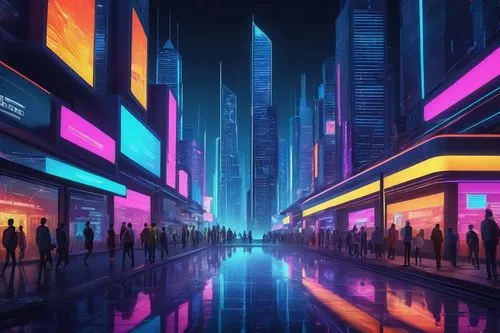 colorful city,cyberpunk,futuristic landscape,cityscape,metropolis,shinjuku,tokyo city,futuristic,fantasy city,tokyo,neon arrows,neon lights,city trans,city at night,dystopian,city lights,neon,cities,shanghai,urban,Illustration,Retro,Retro 11