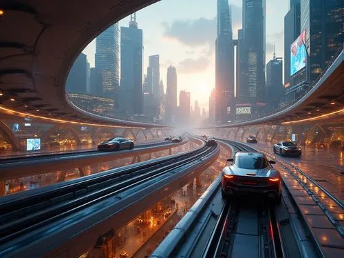 futuristic landscape,coruscant,futuristic architecture,superhighways,autopia,maglev,monorail,futuristic,sky train,skyways,skybridge,futuristic car,arcology,futuristic art museum,peoplemover,cybercity,megacorporations,skyway,transport and traffic,motorcity,Photography,General,Realistic