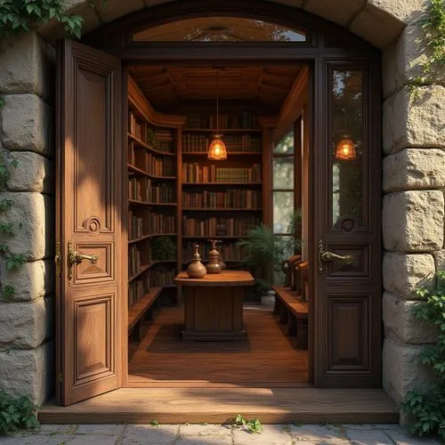 inglenook,nook,bookcases,alcove,bookshelves,entryway,bookcase,doorways,doorway,the threshold of the house,wooden door,study room,bookish,apothecary,bookstore,bookbuilding,bookshop,open door,old library,reading room,Photography,General,Realistic