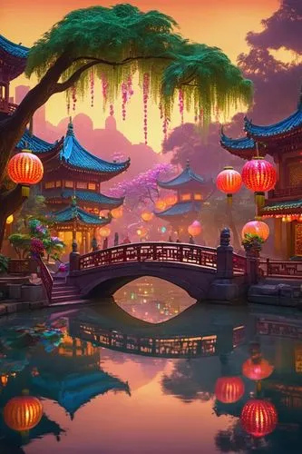 fantasy landscape,oriental,mid-autumn festival,koi pond,cartoon video game background,qingcheng,asian architecture,tianxia,shaoming,mulan,world digital painting,qibao,shanghai disney,fantasy world,japanese restaurant,jinchuan,fantasy picture,lagoon,imaginasian,fantasy city,Illustration,Realistic Fantasy,Realistic Fantasy 38