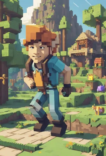 farmer in the woods,miner,farmer,minecraft,adventurer,meteora,pixel art,wander,bricklayer,villagers,farming,game art,builder,low poly,adventure game,low-poly,forager,dipper,wooden block,explorer,Digital Art,Pixel