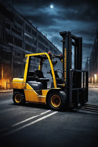 Write a horror story about a possessed forklift wreaking havoc at night.,forklift truck,forklift,fork lift,fork truck,forklift piler,road roller,construction equipment,backhoe,construction vehicle,two