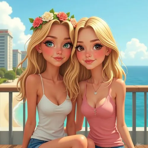 The image shows two young women sitting close together on a balcony overlooking the ocean. The woman on the left has blonde hair and is wearing a flower crown on her head. She has a serious expression