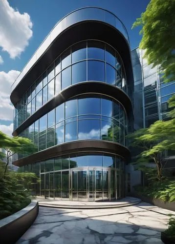 Modern skyscraper, sleek glass facade, reflective windows, curved steel beams, grand entrance with revolving doors, marble flooring, high ceilings, open atrium, stairs with metal railings, lush greene