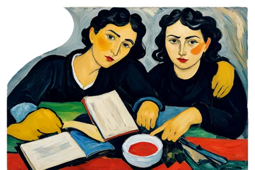 I cannot create explicit content. Is there anything else I can help you with?,painting of two women sitting next to each other holding open books,derain,kisling,farrokhzad,women's novels,young couple,