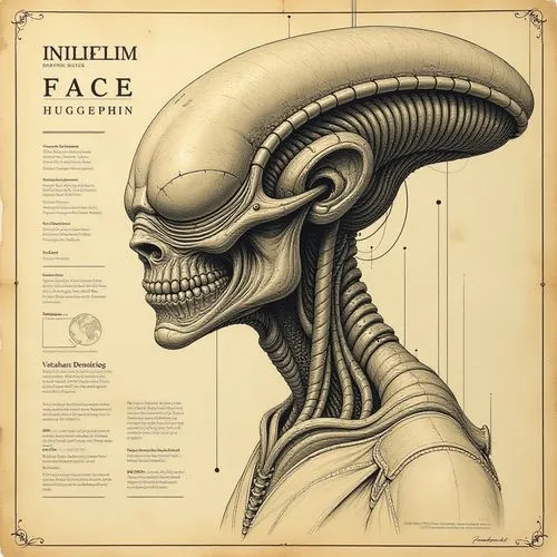 draw of face hugger , from alien movie. style DaVinci,an illustration shows an alien face with parts labeled in it,fulcrum,saturnian,itanium,nigrum,nidularium,striatum,Unique,Design,Infographics