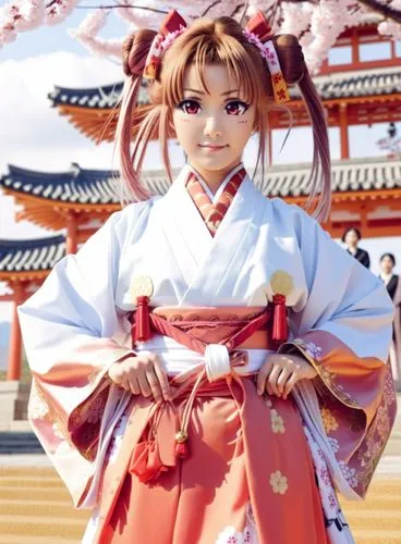 idol, cosplay, girl, japanese clothes, solo, twintails, hands on hips, miko, hair ribbon,  hakama, pink hair, smile, brown hair, looking at viewer, red hakama, , dressed up in traditional japanese kim