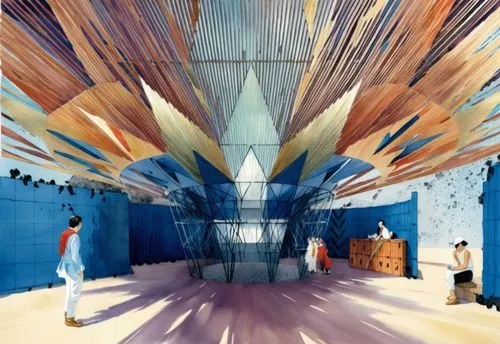 people walk around an artistic artwork of lines, colors and shapes,quadriennale,heatherwick,the dubai mall entrance,school design,triennale,artscience museum,Illustration,Paper based,Paper Based 07