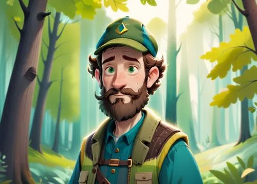 A 50 year old man, he is a forester, he is wearing an blue cap with a logo on it, his beard is greay and chesnuts colored, he is wearing forester clothes green and brown colored, he has a few rickles 