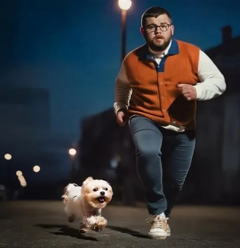 Vintage blue polo shirt,a man is running while his dog is walking by him,khabib,maltese,urbanfetch,pubg mascot,sparapet,zarembski