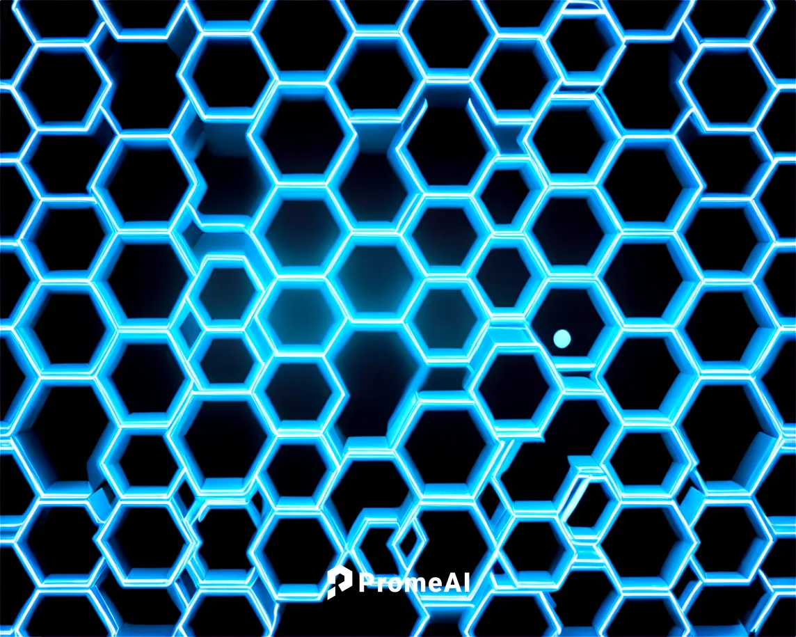 Hexagonal grid, geometric pattern, light blue background, white lines, symmetrical structure, 3D illusion, glossy effect, high contrast, sharp edges, isometric perspective, top-down view, detailed tex