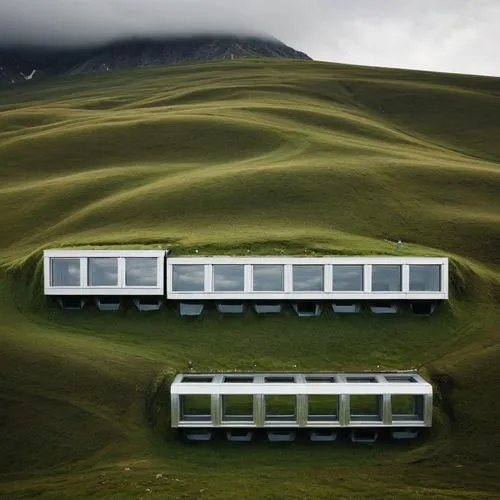 modern hobbit house,house in the mountains,dream house,green mountains architecture,rectangular windows,Photography,Documentary Photography,Documentary Photography 04