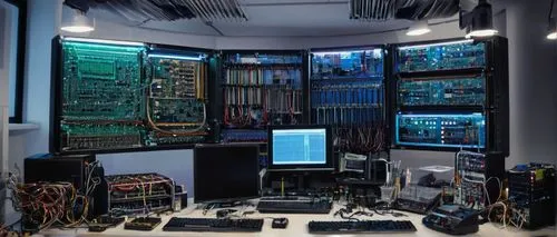 Microelectronics laboratory, futuristic architecture, sleek lines, neon lights, circuit boards, wires, resistors, capacitors, microchips, motherboards, CPU, GPU, RAM, ROM, intricate details, metallic 