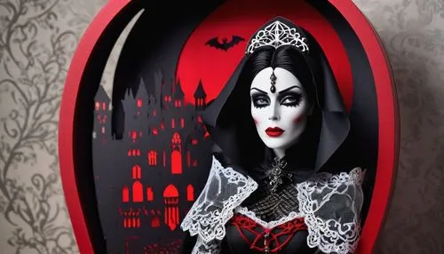 vampira,queen of hearts,gothic woman,makeup mirror,coffin,halloween travel trailer,gothic portrait,gothic fashion,magic mirror,vampire lady,vampire woman,dita,bathroom cabinet,toilet table,gothic dress,dressing table,gothic style,toilet seat,dark cabinetry,dresser,Unique,Paper Cuts,Paper Cuts 10