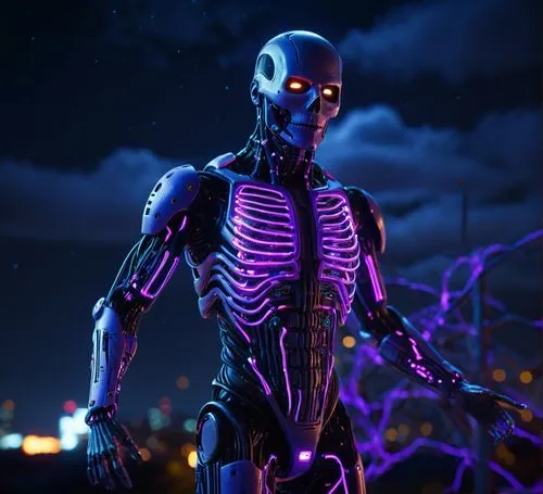 a unique scary Halloween figure, in the night sky taking over the night ,an illuminated figure of a skeleton with two glowing eyes in a city,skeletal,skelemani,ultron,symbiote,neon body painting,skele